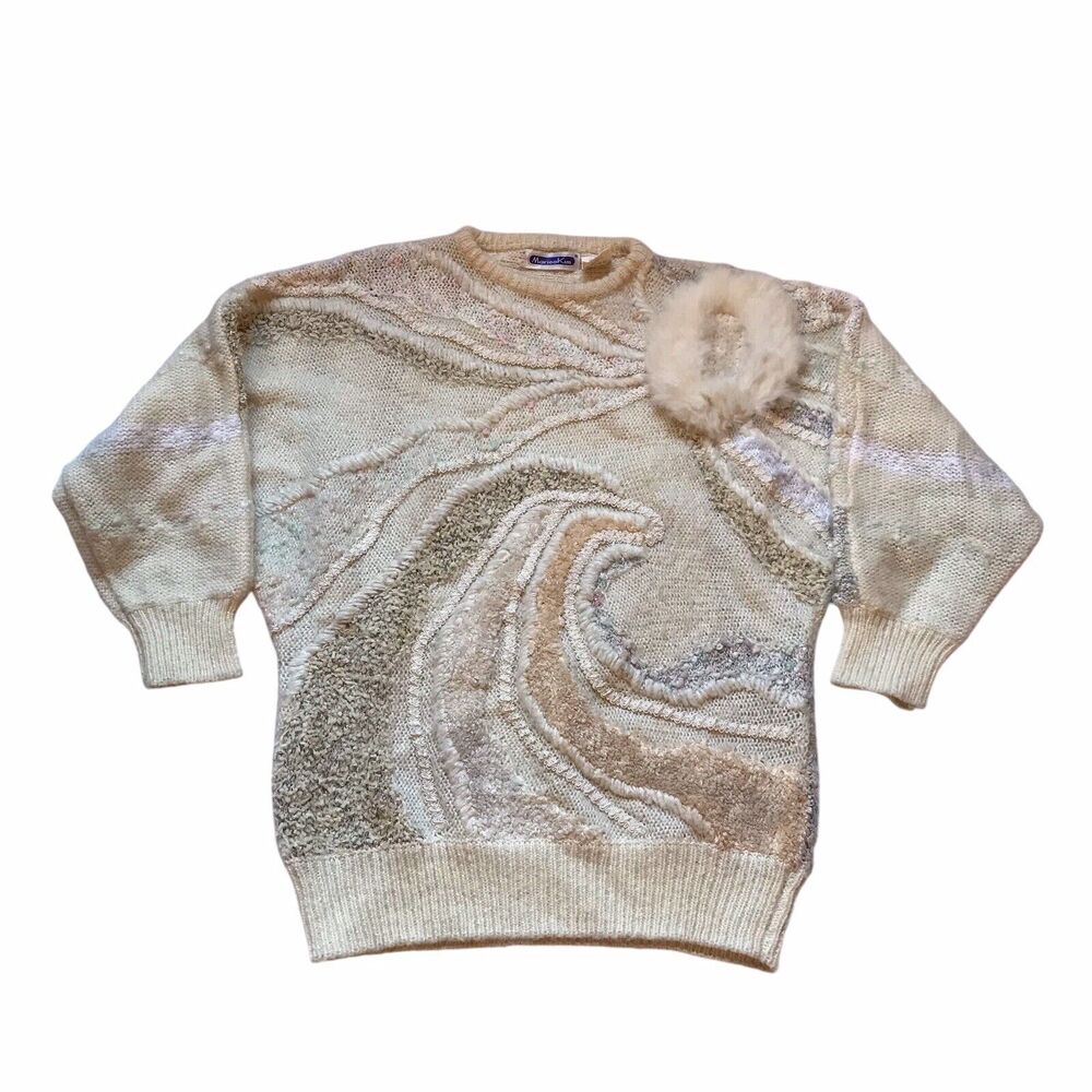 Vtg 80s Mariea Kim Sweater  M Beige 3D Textured Applique Dolman‎ Sleeve Artwork